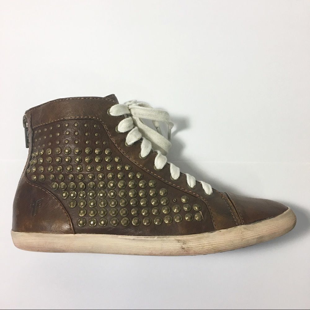 Frye Kira High Top Leather Sneakers Brown Studded Lace Up Shoes
